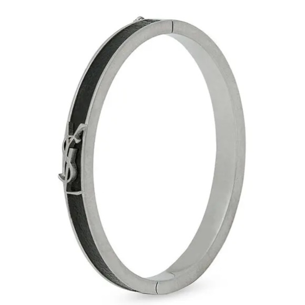 NWT Saint Laurent YSL Cassandre Logo-Plaque Enamel Bracelet Leather Silver Metal